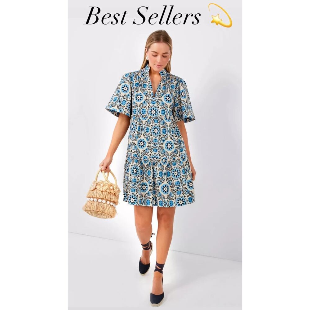 Tuckernuck Golden Medallion Crawford Dress Size Medium Flutter Ruffle Mini Blue - Picture 5 of 16